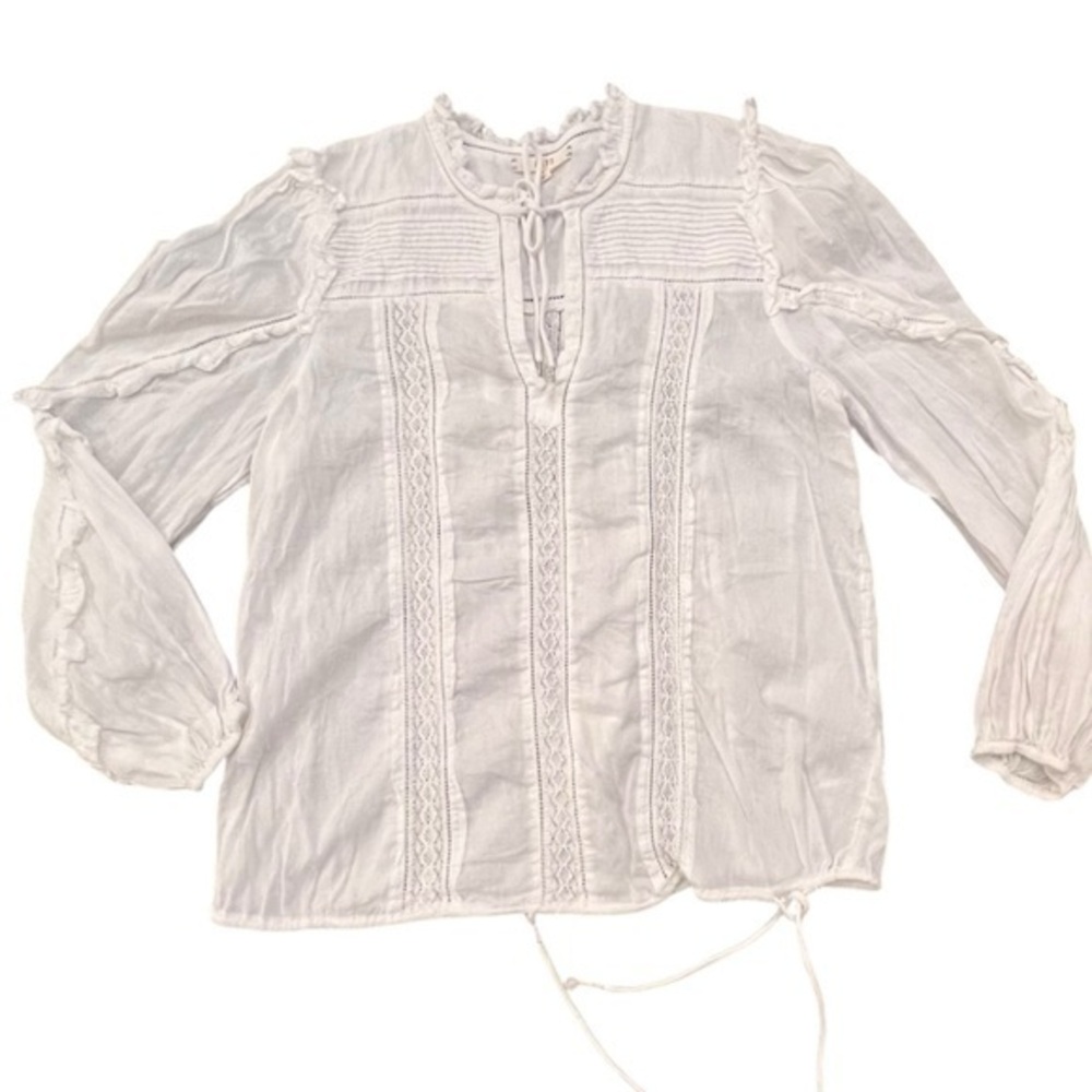 AE77‎ 3/4 Sleeve White Boho Top V-Neck Tassels Drawstring Waist Size Small NWOT